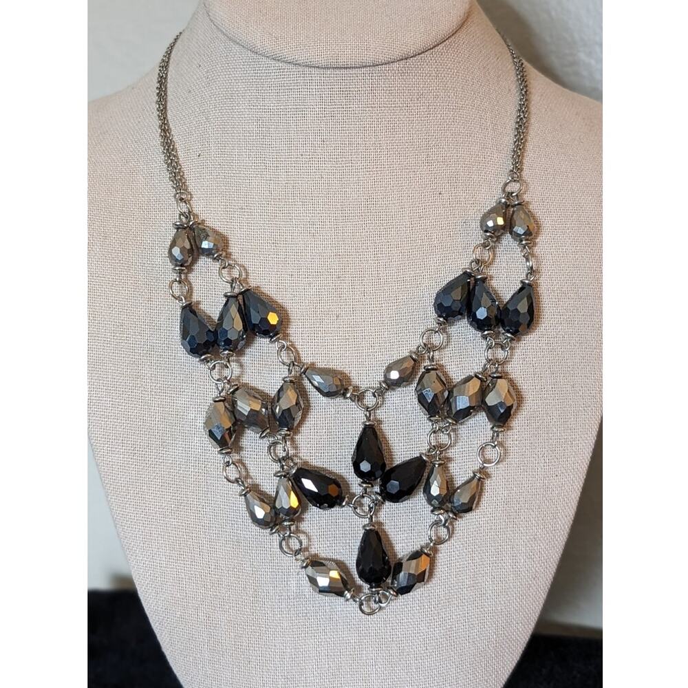 Silver & Black Metallic Crystal Web Beaded Silvertone Chain Statement Necklace